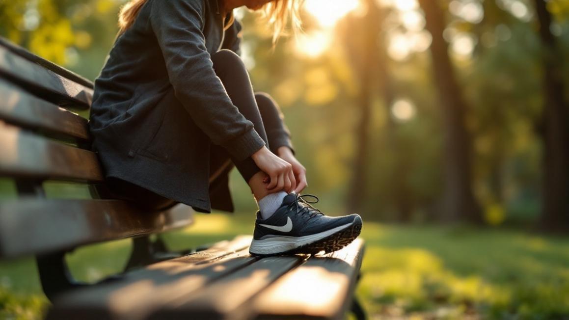 Person sitting on a park bench adjusting their running shoe, representing shockwave therapy plantar fasciitis recovery and active lifestyle