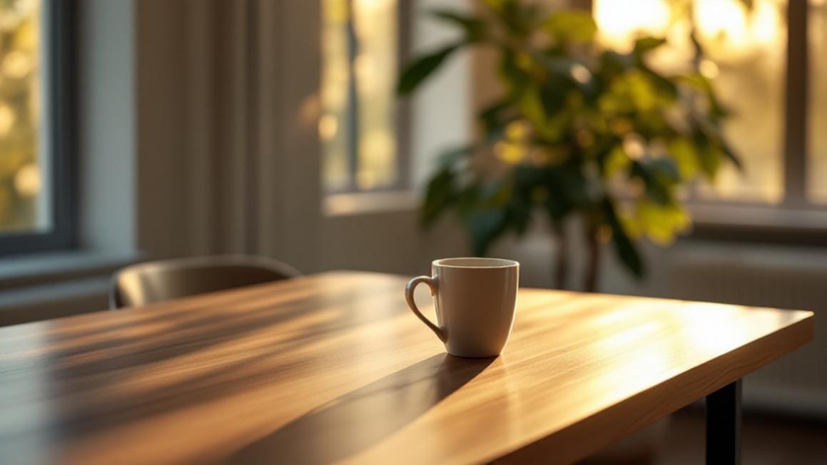 Shockwave therapy shoulder pain relief — ergonomic workspace with warm morning window light in a calm wellness setting