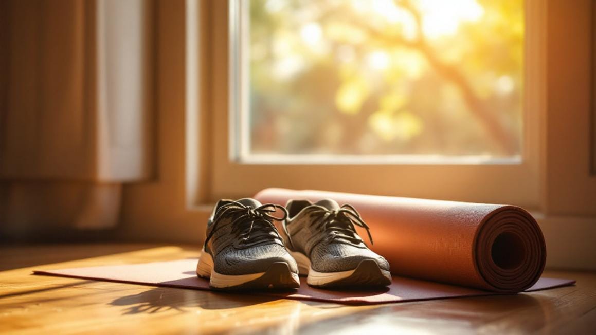 SoftWave therapy plantar fasciitis treatment concept — running shoes and a yoga mat on a warm hardwood floor beside a sunny window