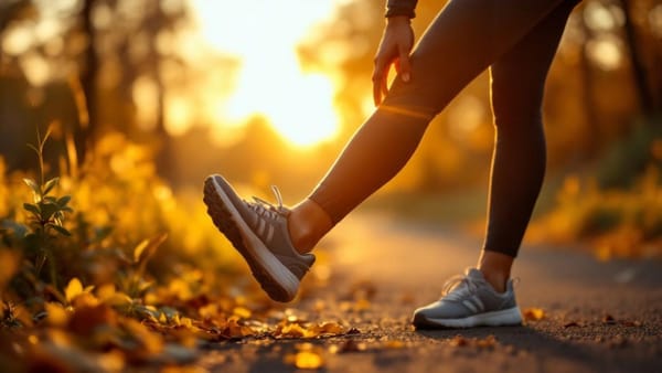 Person stretching knee outdoors for shockwave therapy knee pain recovery