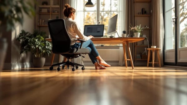 Person sitting at ergonomic desk with feet resting comfortably, representing shockwave therapy for neuropathy recovery