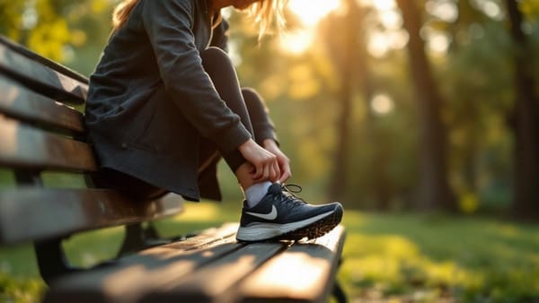 Person sitting on a park bench adjusting their running shoe, representing shockwave therapy plantar fasciitis recovery and active lifestyle