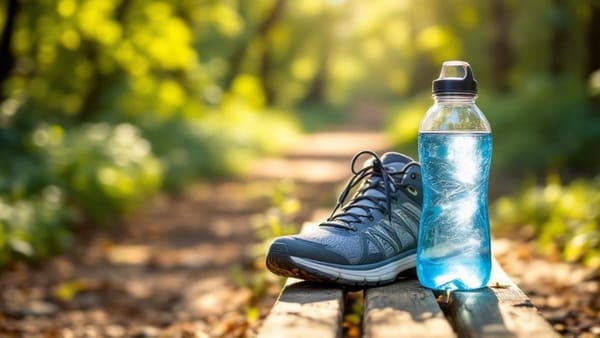 Comfortable walking shoes and a water bottle on a sunlit trail — shockwave therapy for plantar fasciitis