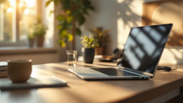 Calm ergonomic home office workspace representing chiropractic care for headaches relief, warm natural window light