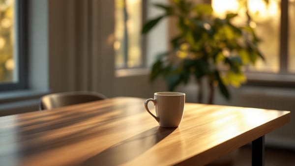 Shockwave therapy shoulder pain relief — ergonomic workspace with warm morning window light in a calm wellness setting