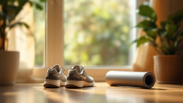 Shockwave therapy tendonitis treatment — ergonomic workspace with running shoes and foam roller suggesting active recovery, warm natural light