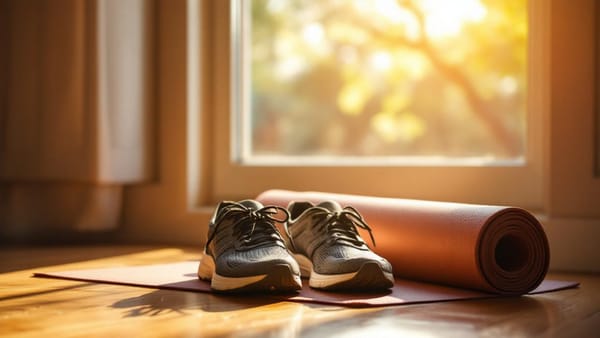 SoftWave therapy plantar fasciitis treatment concept — running shoes and a yoga mat on a warm hardwood floor beside a sunny window